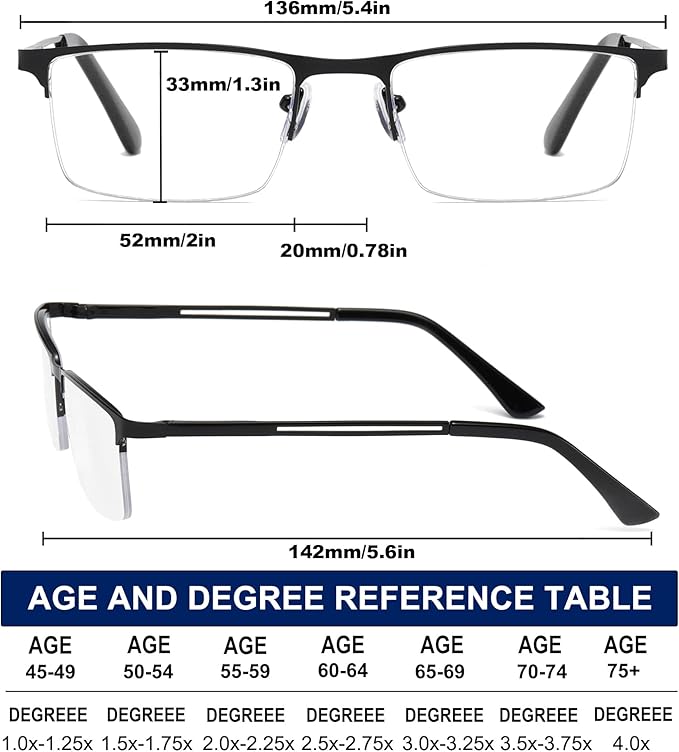 for Men Blue Light Blocking Reading Glasses, Half Frame Metal Readers with Spring Hinge, 3-Pack