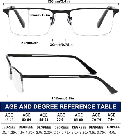 for Men Blue Light Blocking Reading Glasses, Half Frame Metal Readers with Spring Hinge, 3-Pack