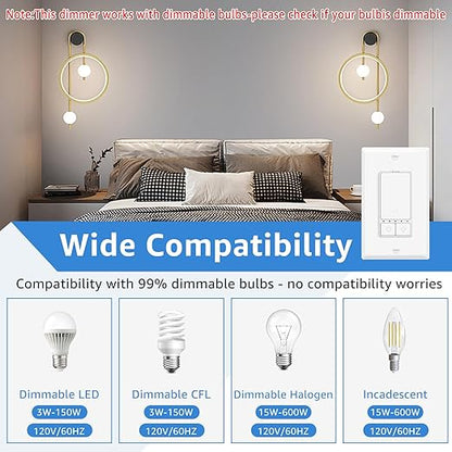 6 Pack Smart LED Dimmer Switch, Single Pole, Neutral Wire Required, Works with Alexa & Google Home, 2.4GHz WiFi Switch No Hub Needed, 150W Max LED/CFL 600W Max Incandescent, ETL/FCC Certified, White