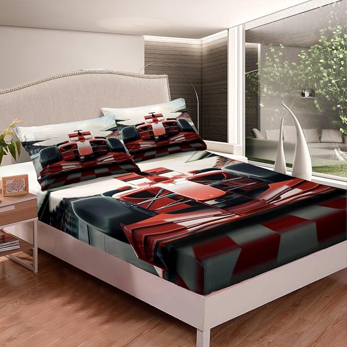 Manfei Racing Speed Sport Fitted Sheet Queen Size Cool Racing Car Bedding Sheet Set,3D Red Formula Car Bed Cover Ultra Soft Breathable Bedding 3 Pcs No Flat Sheet