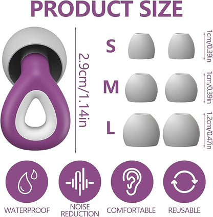Ear Plugs for Sleeping Noise Cancelling - Purple Reusable Earplugs for 24dB Noise Reduction Snoring Concerts Sleep Deep Focus Work Travel Study, Silicone Flexible Hearing Protection Ear Plugs +3Tips