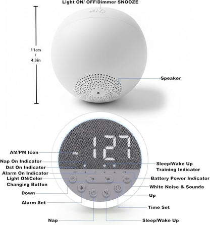 Sunrise Alarm Clock and Sound Machine Nightlight Adjustable Brightness, Rechargeable Wake Up Light Digital, Sleep Timer, Sleep Sounds, White Noise for Baby Kids Adults, Nature Soft Light for Bedroom