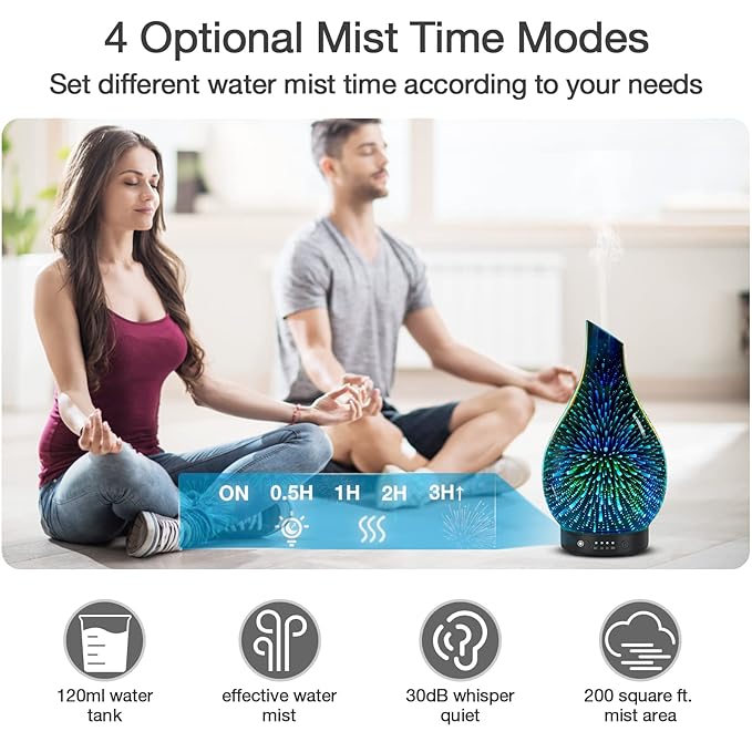 Essential Oil Diffuser 120ml Ultrasonic Aromatherapy Diffuser with Handmade Glass with Auto Shut-Off Protection 4 Timer Setting 7 Colors Changed LED Diffuser for Home Yoga Office Gifts for Women