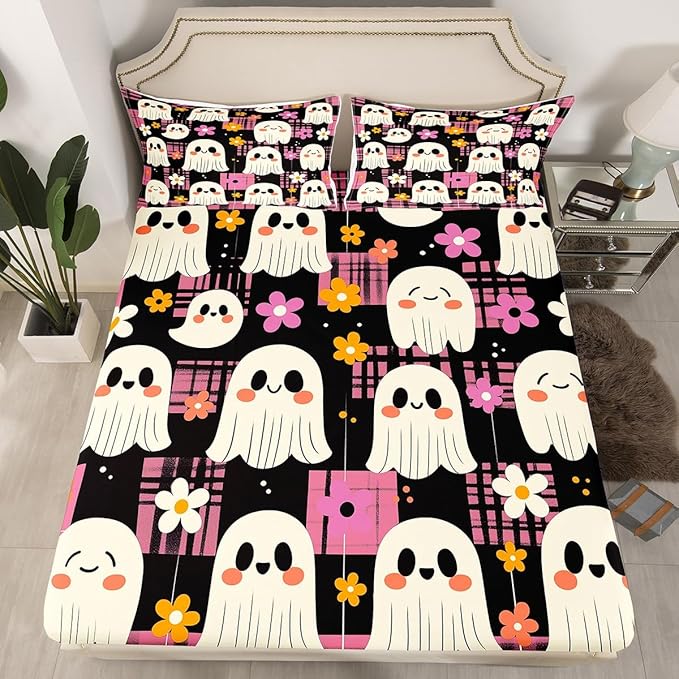 Cute Ghost Fitted Sheet Set with 2 Pillowcase,Daisy Groovy Flowers Pink Plaids Patchwork Microfiber Mattress Cover,Happy Halloween Kawaii Ghosts Black White Bed Cover Queen Size