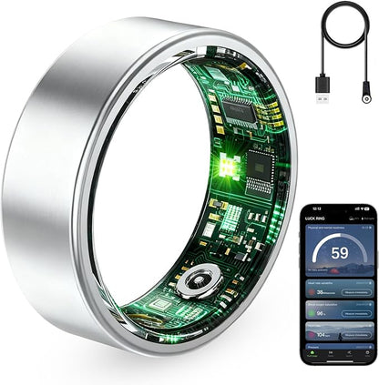 Smart Ring for Women & Men, Fitness Tracker Ring with Heart Rate Monitor, HRV, Sleep Tracking, No Subscription Fee, 10ATM Waterproof Activity Ring for iPhone & Android (Silver, 8)