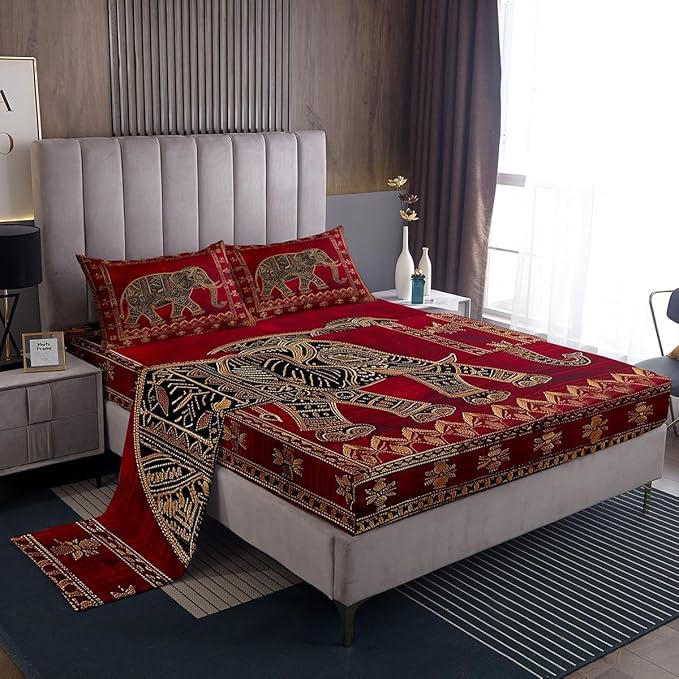 Manfei Indian Elephant Kids Sheet Twin Size,Native American Indian Exotic Bedding Set,Boys Girls Room Decor,Psychedelic Bohemia Retro Red Trippy Boho Bed Sheet Set 3pcs(Fitted + Flat + 1 Pillowcase)
