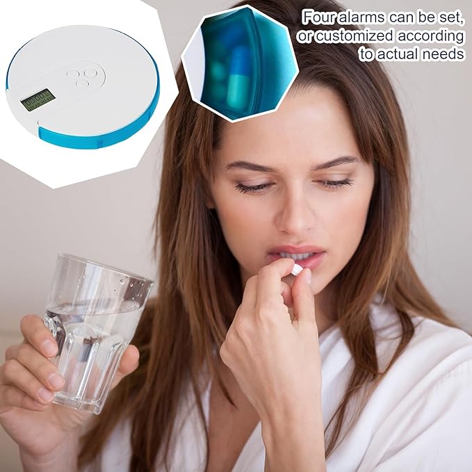 Smart Pill Box, Round Reminder Alarm, Automatic Pill Dispenser, Up to 4 Alarms Day, 7 Day Pills Organizer with Large Digital Display for Home Office