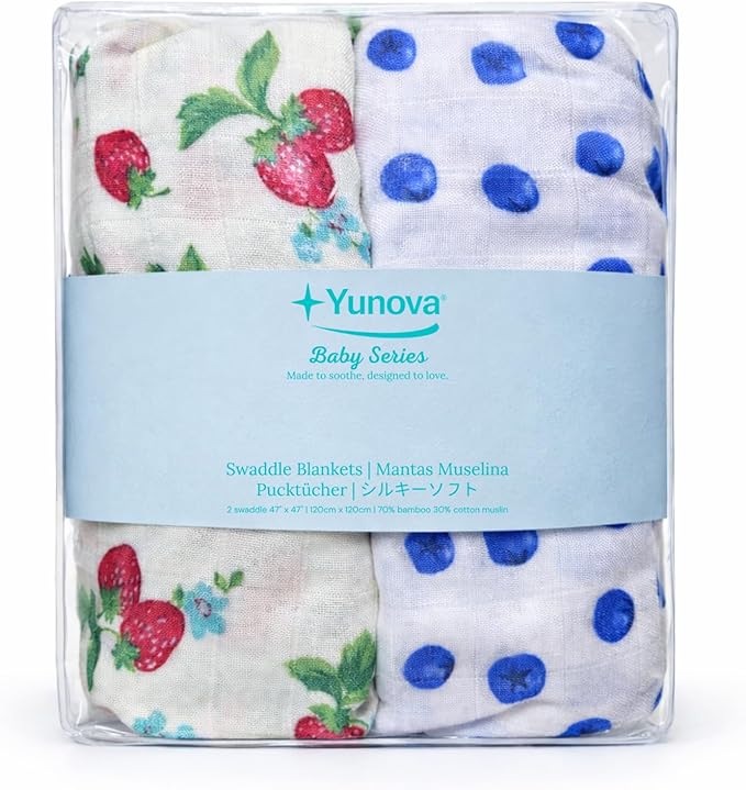 Bamboo Muslin Swaddle Blankets for Newborn – 70% Bamboo Cooling Lightweight Summer Baby Receiving Blankets, Oversized 47x47, 2 Pack – Strawberry Garden