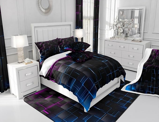 Manfei Rose and Blue Sheet Set King Size, Abstract Geometric Grid Bed Sheet Set 4pcs with Deep Pocket Fitted Sheet + Flat Sheet + 2 Pillowcases, Black Square Lattice Bedding Set for Kids Boys Adults