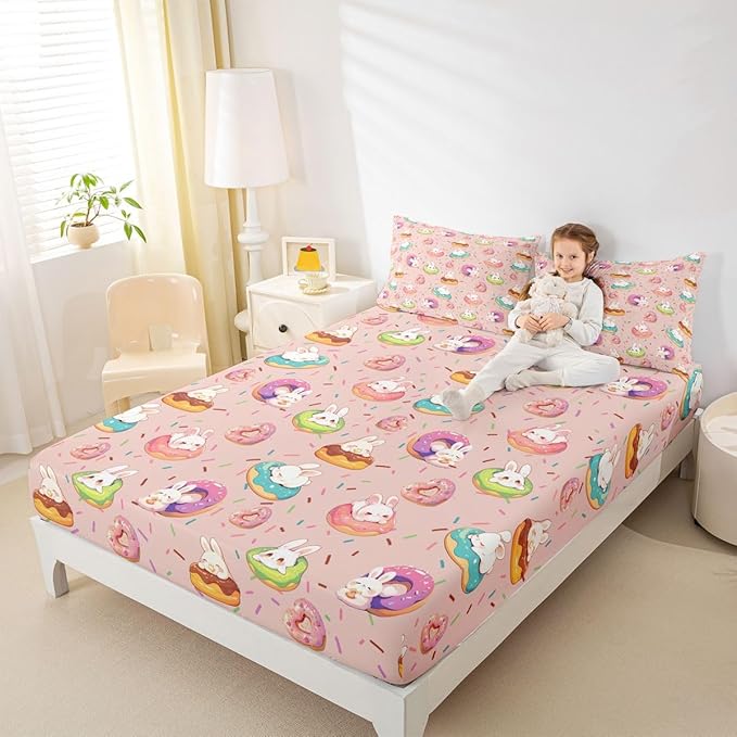 Kawaii Rabbit Bed Sheet Queen Size Doughnut Dessert Happy Easter Bedding Set Cute Cartoon Animal Fitted Sheet Kids Boys Girls Room Decor Pink Colorful Soft Sheets with 2 Pillowcase,No Top Flat