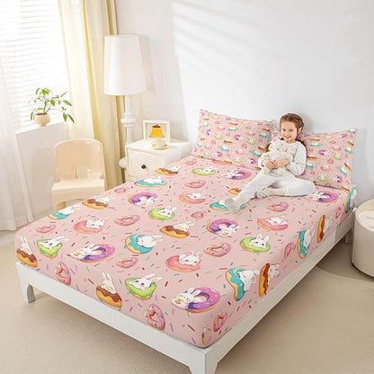 Kawaii Rabbit Bed Sheet Twin Size Doughnut Dessert Happy Easter Bedding Set Cute Cartoon Animal Fitted Sheet Kids Boys Girls Room Decor Pink Colorful Soft Sheets with 1 Pillowcase,No Top Flat