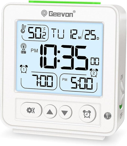 Geevon Small Digital Alarm Clock for Heavy Sleepers, Portable Travel Atomic Clock with Battery Powered, Compact Desk Table Clock with Auto Light Night, Dual Alarms, 8s Backlight for Bedroom, White