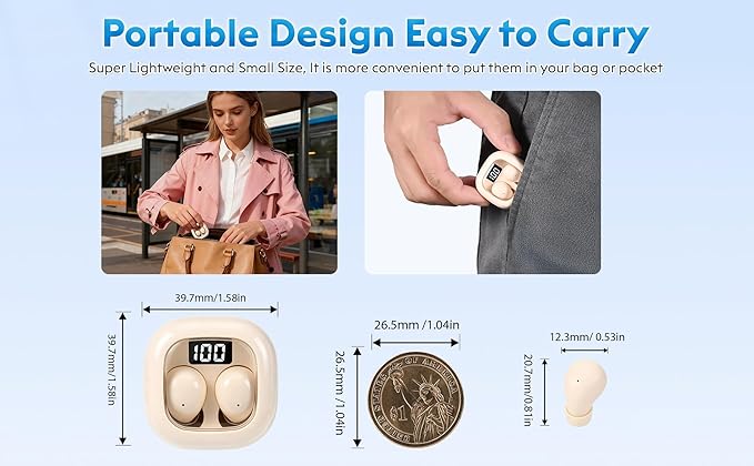 Invisible Mini Sleep Earbuds for Side Sleepers, Ultra-Comfortable & Feather-Light Bluetooth 5.4 Sleep Headphones, LED Display Portable Case Small Earphones for Sleep Work Sports (Beige)