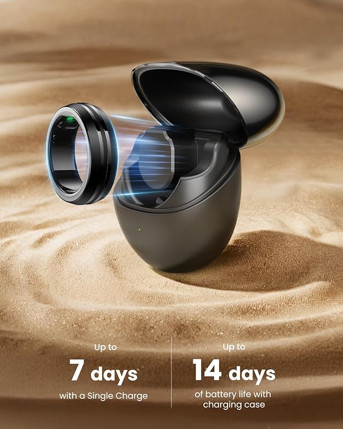 RENPHO Lynx Smart Ring-All Day Sleep & Activity Tracking, Includes Charging Case, Gifts for Men, 7-Day Battery Life, Subscription-Free App for iOS & Android, Size Before You Buy (Black, Size 9)