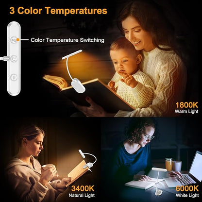 Gritin Rechargeable Book Light for Reading in Bed with 19 LED &Memory Function-Eye Caring 3 Color Temperatures,5 Brightness Levels,90 Hrs Runtime Flexible Goose Neck Clip on Light-White