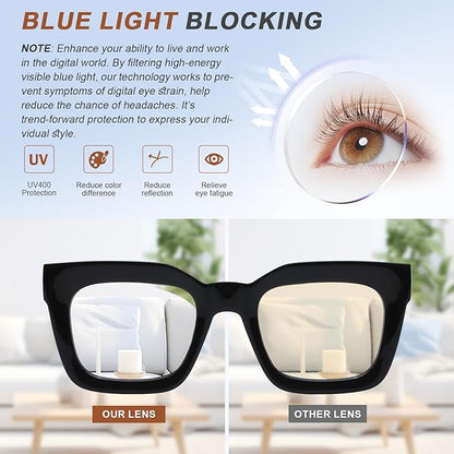 AQWANO Stylish Oversized Reading Glasses for Women Fashion Designer Readers Blue Light Square Computer Glasses