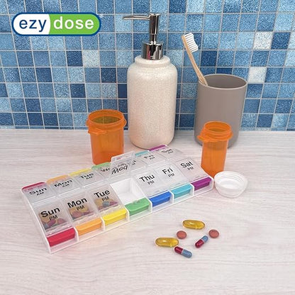 EZY DOSE Push Button (7-Day) Pill Case, Medicine Planner, Vitamin Organizer, 2 Times a Day, AM/PM Container, X-Large Compartments, Arthritis Friendly, Easy to Use, Clear Lids, Rainbow, BPA Free