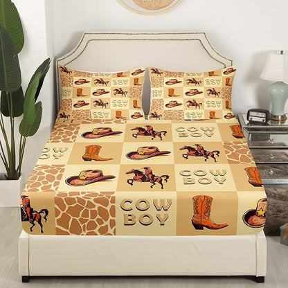 Cowboy Bed Sheet Set Retro Horse Riding Western Tribal Boots Hats Fitted Sheet for Ultra Soft Rustic Cow Fur Brown Plaids Patchwork Bedding Cover Set Room Decor Queen (No Flat Sheet)