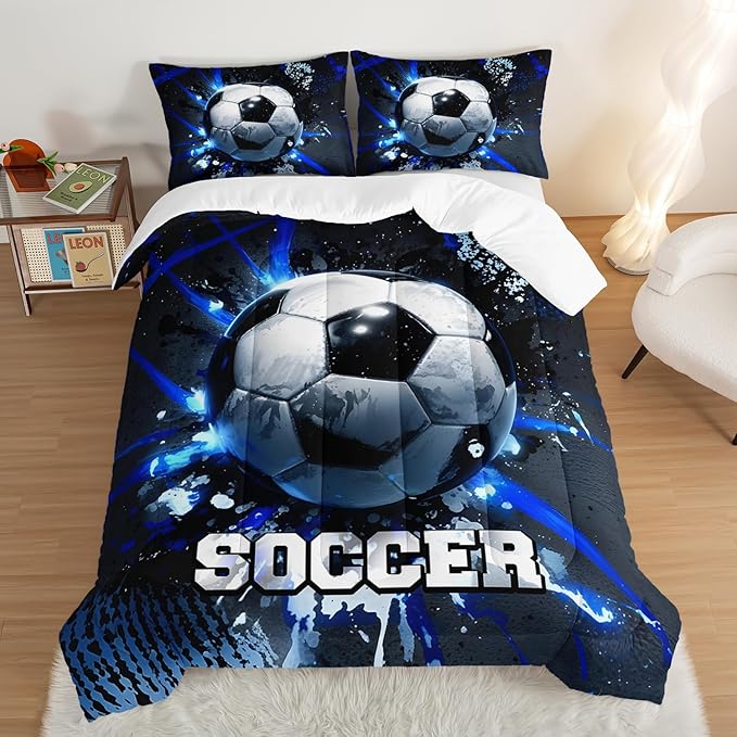 Football Comforter Set Twin Size,Balls Game Pattern Kids Comforter for Boys Girls Teens Soccer Room Decor,Sports Themed Football Court Bedding Sets with 2 Pillowcases.