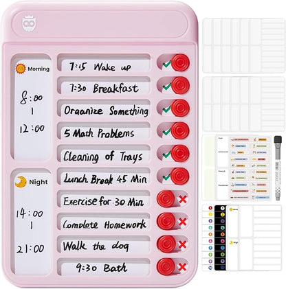 Chore Chart for Kids, Visual Schedule for Kids with Autism, Chart Board with 6 Reusable Sheets, Routine Chart Dry Erase Board, Magnetic Chore Chart for Fridge, Desk, Home - Pink