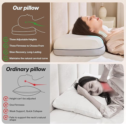 Cervical Neck Pillow for Neck & Shoulder Support, Adjustable Memory Foam Pillow with Customizable Height and Firmness, Ergonomic Pillow for Side, Back，Stomach and Combination Sleepers