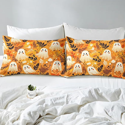 Halloween Ghosts Fitted Sheet Set with 2 Pillowcase,Cute Ghost Skull Graffiti Trippy Microfiber Mattress Cover,Rustic Farmhouse Botanical Leaves Orange Bed Cover Queen Size