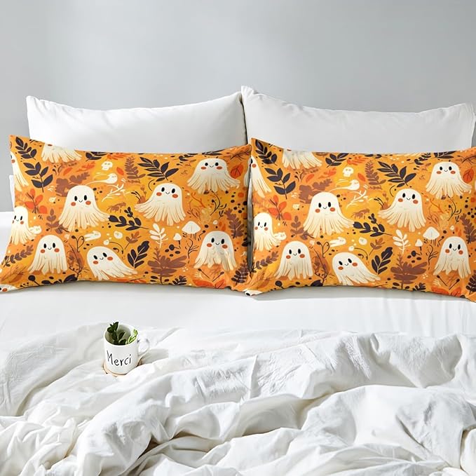 Manfei Halloween Ghosts Bed Sheet Set 3 Pieces,Cute Ghost Skull Graffiti Trippy Microfiber Bedding Set Without Flat,Rustic Farmhouse Botanical Leaves Orange Fitted Sheet,2 Pillow Cases,Full Size