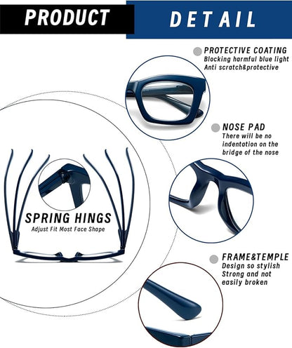 Hubeye Oprah Style Reading Glasses for Women Men Blue Light Blocking Computer Square Readers with Spring Hinge