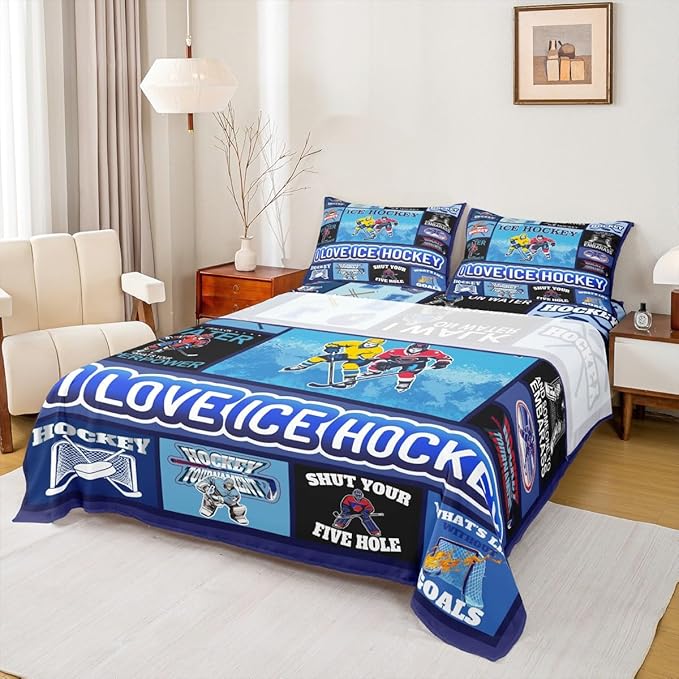 Manfei Hockey Puck Kids Sheet Twin Size, Bedding Set, Geometric Grid Patchwork Boys Girls Room Decor, Blue Sheet(Fitted+Flat+1 Pillowcase)