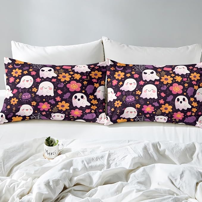 Cute Ghost Bedding Set Full Size,Cartoon Groovy Daisy Flowers Graffiti Fitted Sheet,Halloween Ghosts Spider Web Lovely Sheet Set for Kids Teens Adults Bedroom Decor,2 Pillowcases