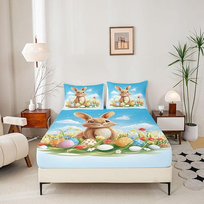 Easter Fitted Sheet Full Size Easter Egg Funny Rabbit Bedding Set for Kids Bedroom Kawaii Animal Spring Flowers Bed Sheet Set 3pcs Blue Colorful Deep Pocket Mattress Cover,No Top Flat