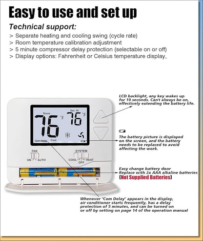 Non Programmable Thermostat, Single-Stage 1 Heat 1 Cool, Simple Digital Thermostats for Home