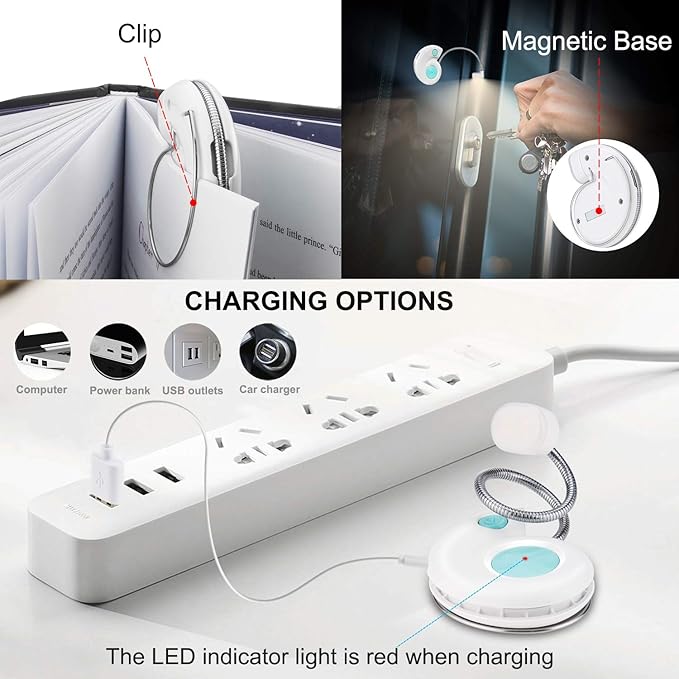 Kids Rechargeable Book Light, Clip on Reading Light for Kid, Kids Reading Lights, Amber Book Light for Reading in Bed, 2 Lighting Modes, Blue Light Blocking, Bookmark Light for Bookworms-White