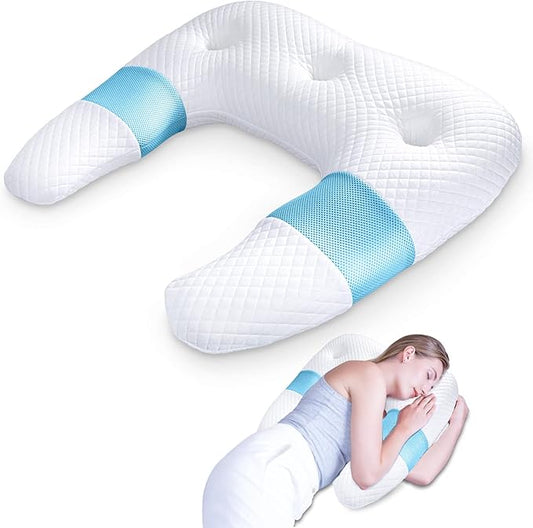 SAHEYER Side Sleeper Pillows for Adults, U Shaped Body Pillow for Pain Relief, Orthopedic Memory Foam Shoulder Pillow for Side,Stomach, Back, Arm with Removable Washable Cover (Upgraded Version), Blue