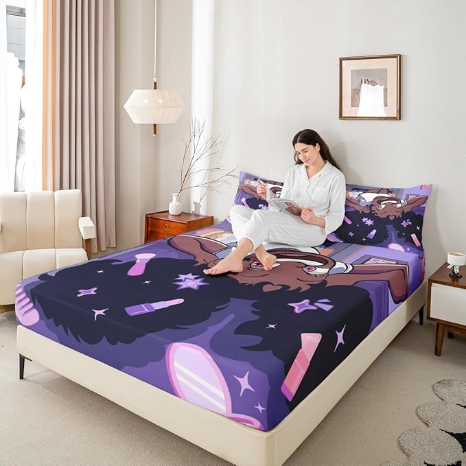 Black Princess Girl Kids Sheet King Size,African American Cartoon Cosmetic Easy Wash Bedding Set,Star Magical Cute Y2K Chic Boys Girls Room Decor,Purple Sheet(Fitted+Flat+2 Pillowcases)