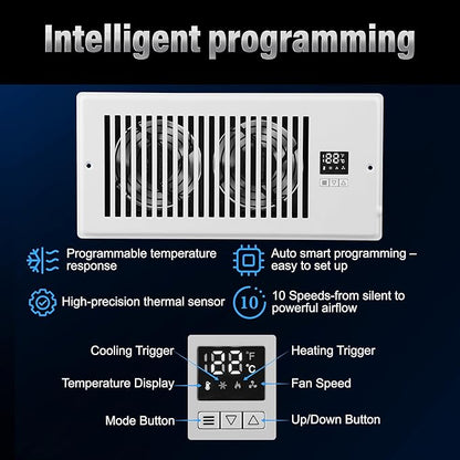 Xcity Quiet Register Booster Fan, Intelligent 6"x12" Vents, 10-speed, Air Vent Fan with Remote Control & Thermostat, Smart LED Display Ideal for HVAC, Integrated Heating & Cooling, White