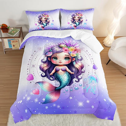 Cute Mermaid Pattern Twin Comforter Set,Star Jellyfish Ocean Themed Bedding Sets for Kids Toddlers Girls Boys Room Decor,Princess Bedding with 2 Pillowcases.
