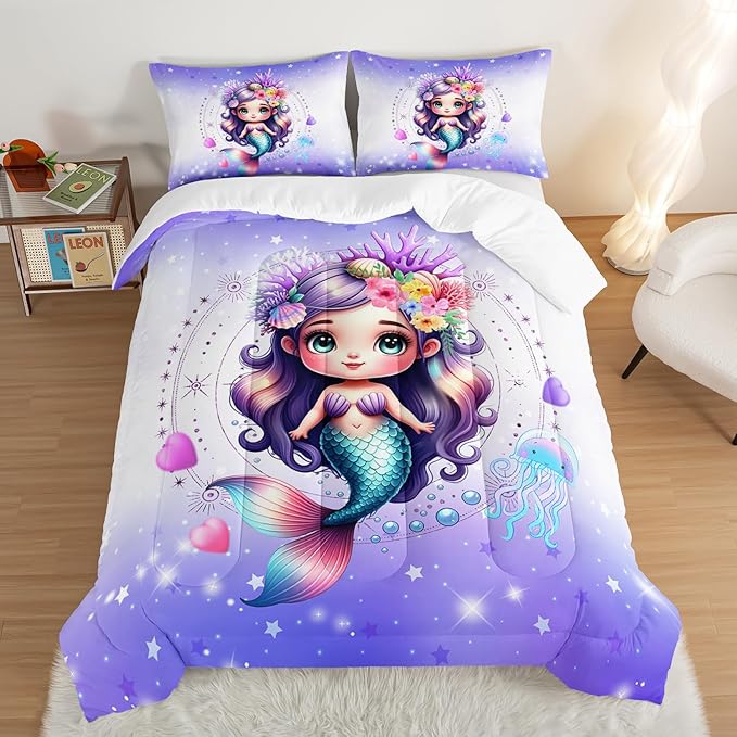 Cute Mermaid Pattern Queen Comforter Set,Star Jellyfish Ocean Themed Bedding Sets for Kids Toddlers Girls Boys Room Decor,Princess Bedding with 2 Pillowcases.