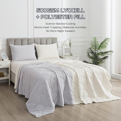 Cooling Blanket for Hot Sleepers - King Size Lightweight Breathable Tencel Blend, Double Sided All-Season Comforter, Temperature Regulating & Machine Washable (Grey+White, King (90''x104''))