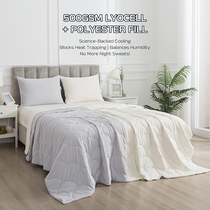 Cooling Blanket for Hot Sleepers - Queen Size Lightweight Breathable Tencel Blend, Double Sided All-Season Comforter, Temperature Regulating & Machine Washable (Grey+White, Queen (90''x90''))