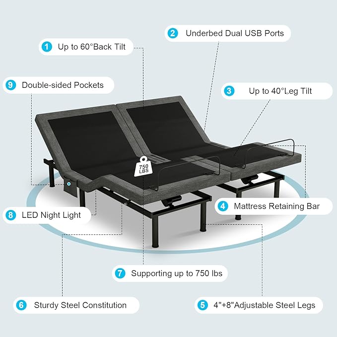 Vipbear Split King Adjustable Bed Base - Dual Motor Bed Frame with Wireless Remote, Zero Gravity/Anti-Snore/TV Mode, Under-Bed LED Light & 4 USB Ports, 3-Height Adjustable Legs