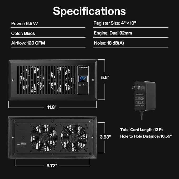 VIVOSUN Quiet Register Booster Fan, Smart Register Vent with Thermostat Control, Fits 4”×10” Register Holes, Heating Cooling AC Vent Fan, Black