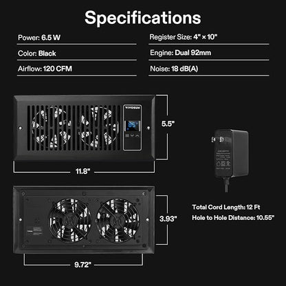 VIVOSUN Quiet Register Booster Fan, Smart Register Vent with Thermostat Control, Fits 4”×10” Register Holes, Heating Cooling AC Vent Fan, Black