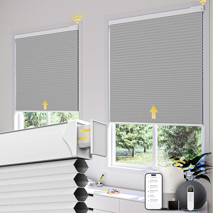 CINONEKO Custom Size(21-69"W x 22-93"H) Motorized Cellular Shades,No Drill Smart Honeycomb Blinds【Free Solar Powered】Automatic Blinds for Indoor Windows Cordless Electric Shades Compatible with Alexa