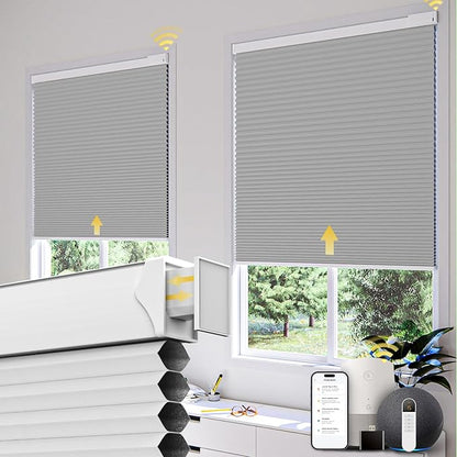 CINONEKO Custom Size(21-69"W x 22-93"H) Motorized Cellular Shades,No Drill Smart Honeycomb Blinds【Free Solar Powered】Automatic Blinds for Indoor Windows Cordless Electric Shades Compatible with Alexa