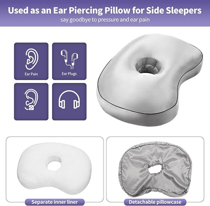 Gray Orthopedic Ear Piercing Pillow - Side Sleeper Support with 3.5" Ear Hole Relief, Hypoallergenic Pillow for Healing Piercings