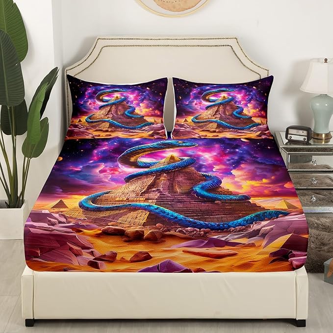 Blue Snake Fitted Sheet Twin Size,Starry Sky Galaxy Planet Trippy Bedding Set,Boys Girls Room Decor,Egypt Noble Animals Boho Psychedelic Bed Cover,Purple Unique Bed Sheet,1 Pillowcase
