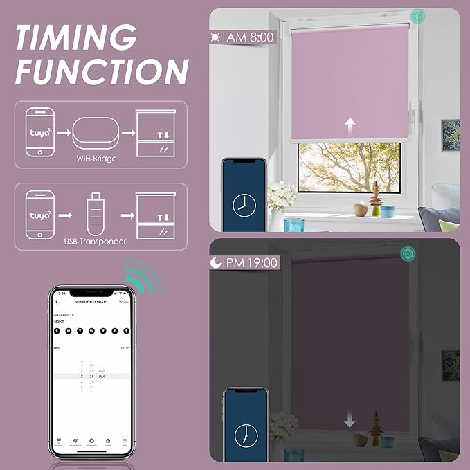Allesin Motorized Roller Shade Work with Alexa for Window, 100% Blackout Smart Shades Cordless with Remote Control, Electric Automated Blinds for Window, Customized Size for Smart Home (Light Purple)