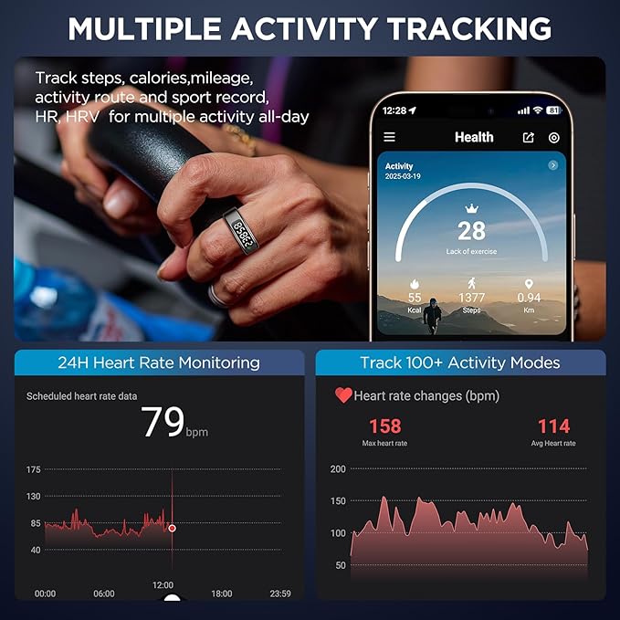 Smart Ring Health Tracker with Display Screen, Sleep Tracker with Heart Rate, Fitness Ring Step Tracker for Activity Monitoring/Steps/Calories,Wireless Charging, for iOS Android (Silver,12#)