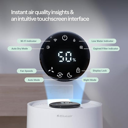 BLUEAIR Premium Smart Humidifier for Large Rooms, Bedrooms, Better Sleep with Evaporative Invisible Mist Tech, Auto Humidify, Easy Top Fill, Smart Control with App, Touchscreen, 3.5L Tank for 48 hours